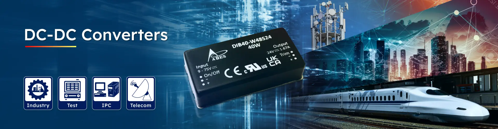 ABES DIB40 Series 40W DC-DC Converter – Wide 8:1 Input Range Power Supply for Industry, Test, IPC, and Telecom Applications